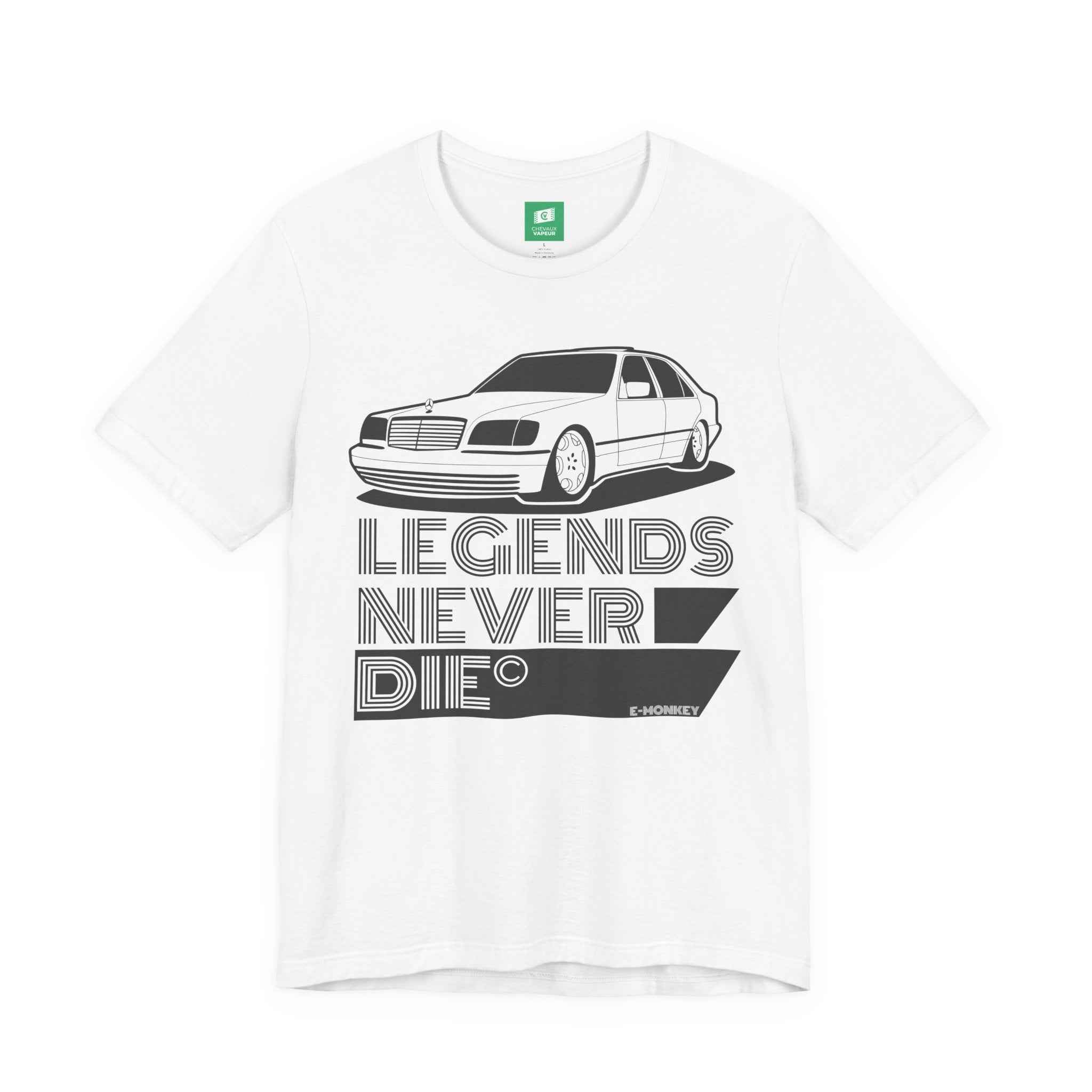 Mercedes W140 T-Shirt - Legends Never Die - Retro S-Class Benz Tee