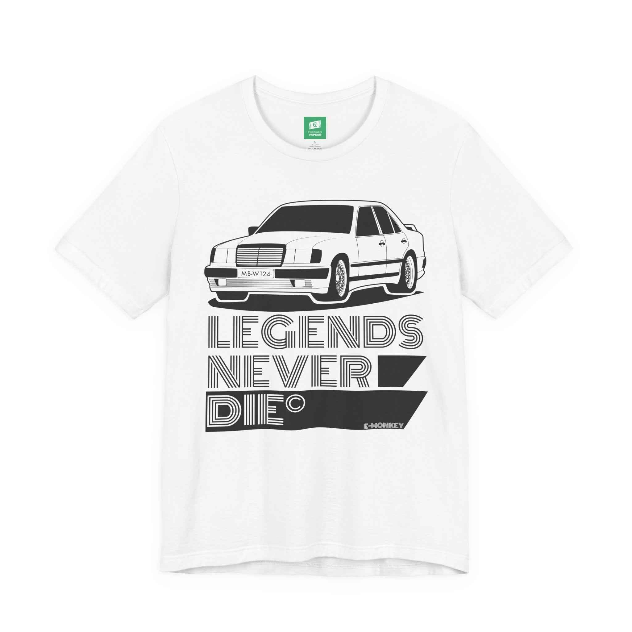 Mercedes W124 T-Shirt - Legends Never Die - Retro Benz E-Class Tee