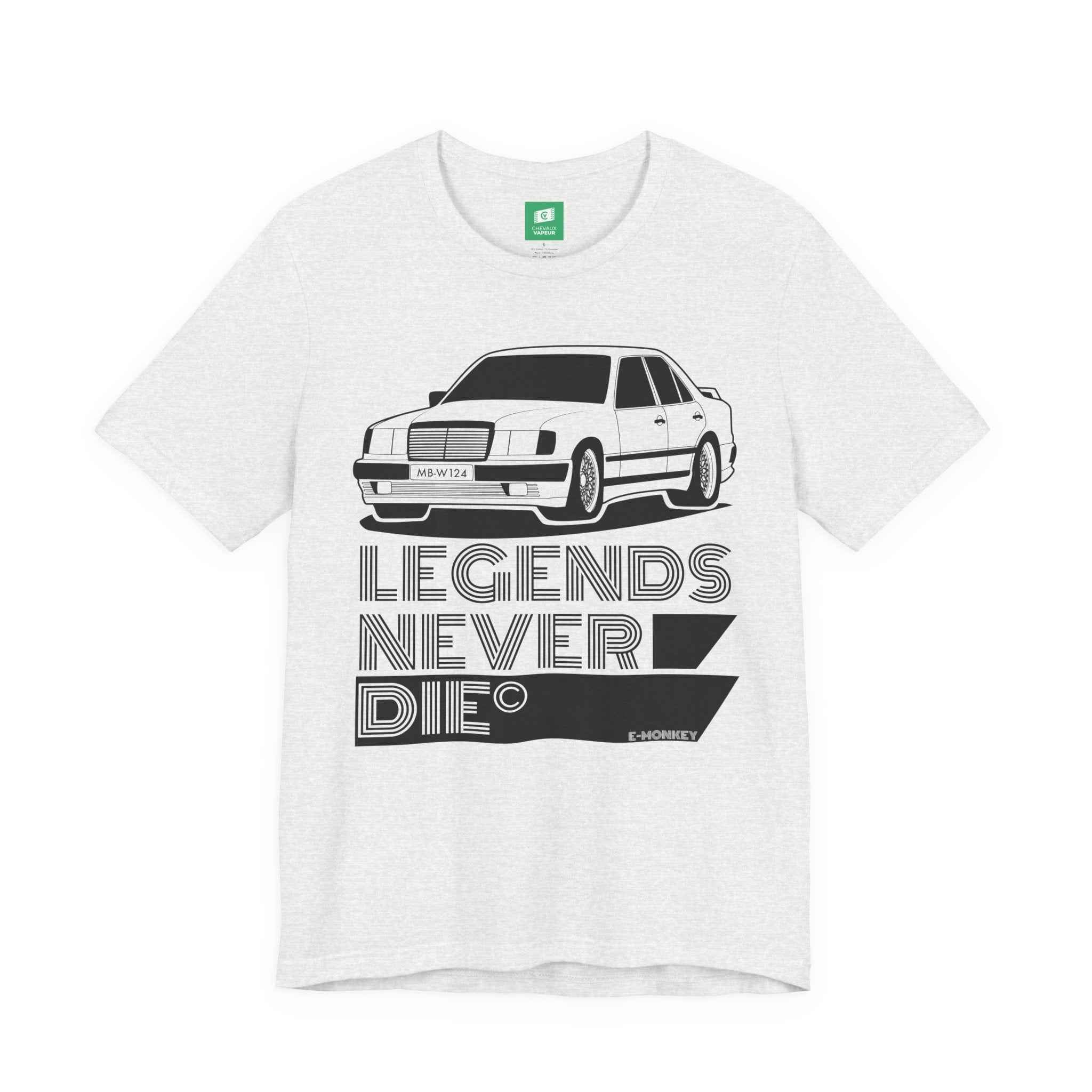 Mercedes W124 T-Shirt - Legends Never Die - Retro Benz E-Class Tee