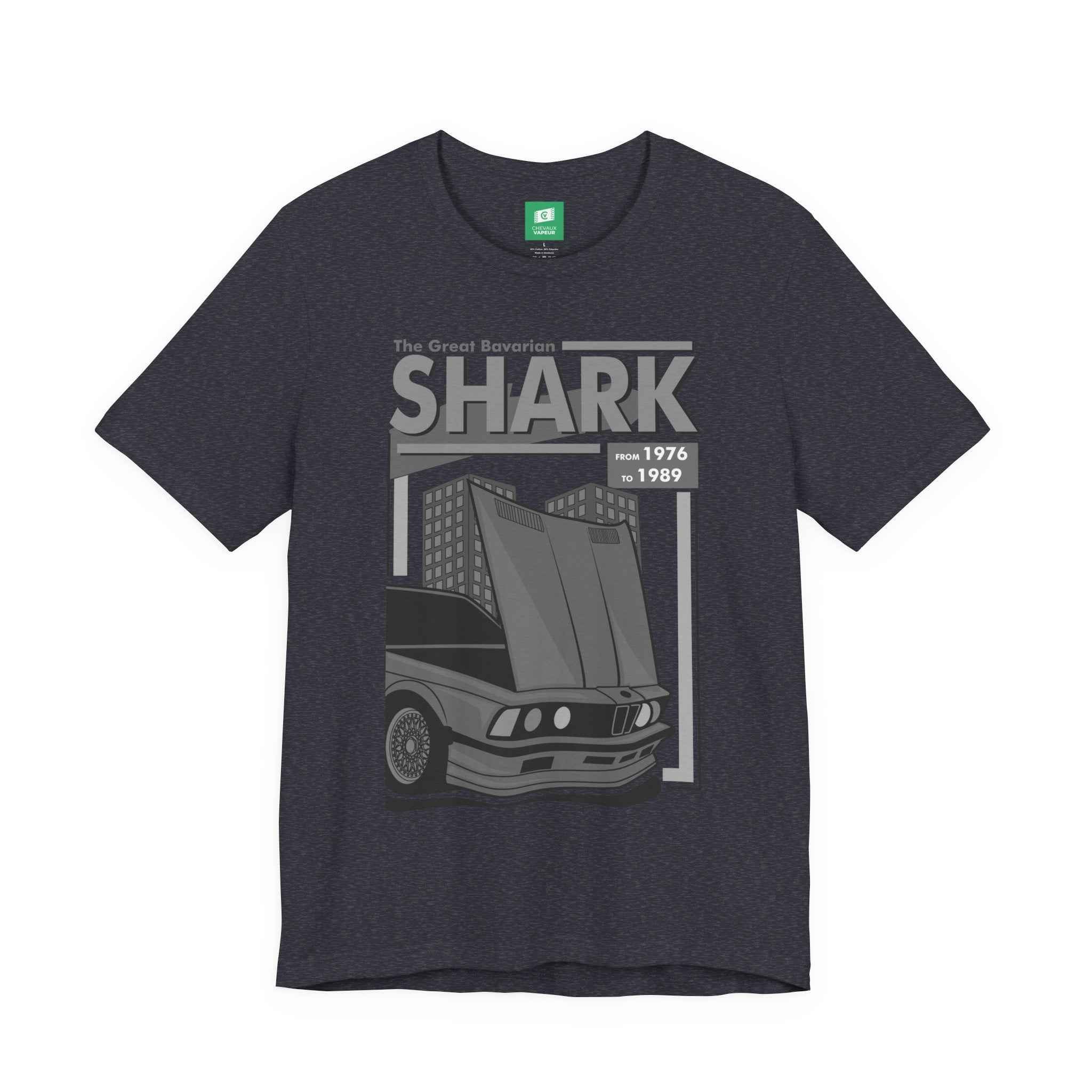 BMW E24 T-Shirt - The Great Bavarian Shark - Classic Sharknose 6 Series Retro Car Tee