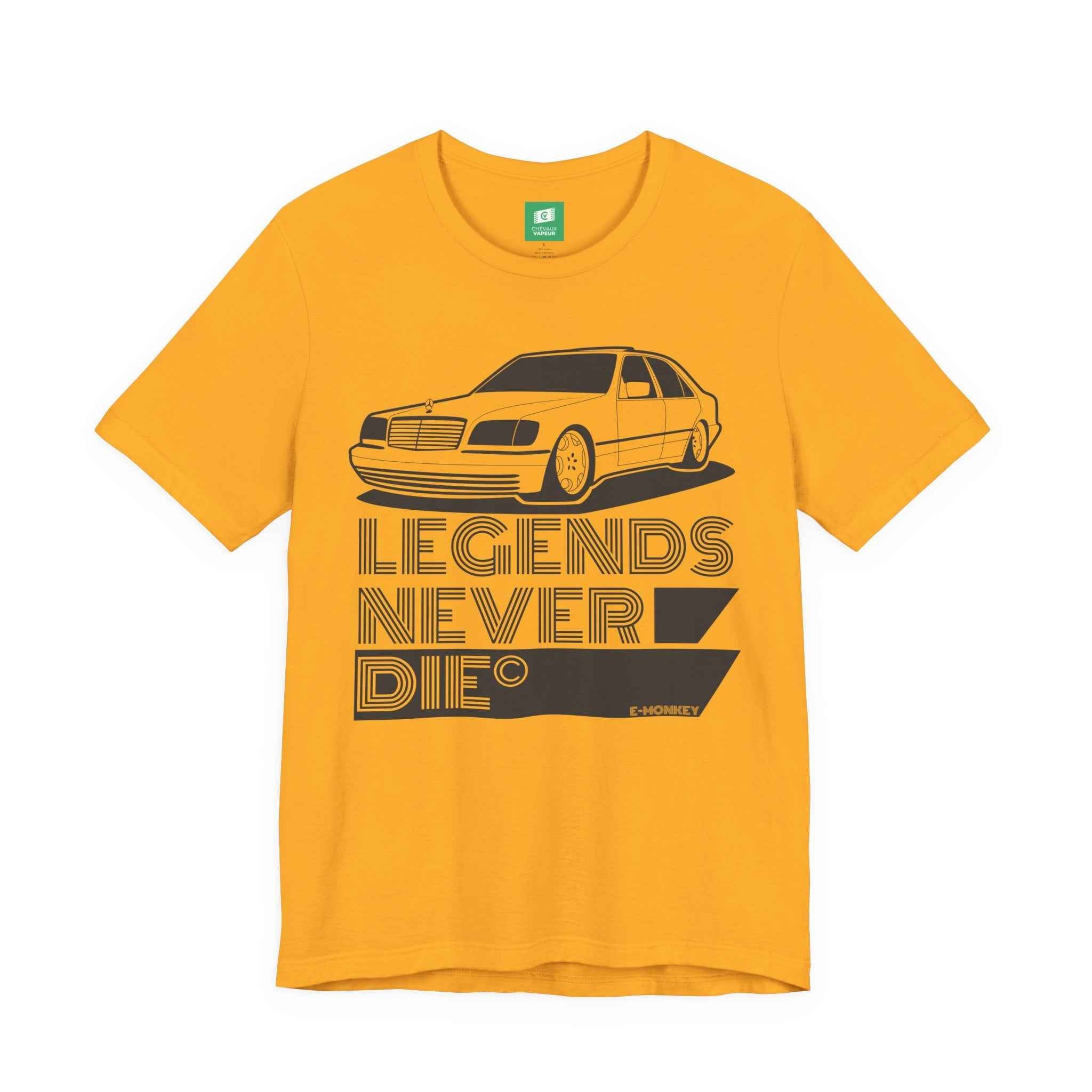 Mercedes W140 T-Shirt - Legends Never Die - Retro S-Class Benz Tee
