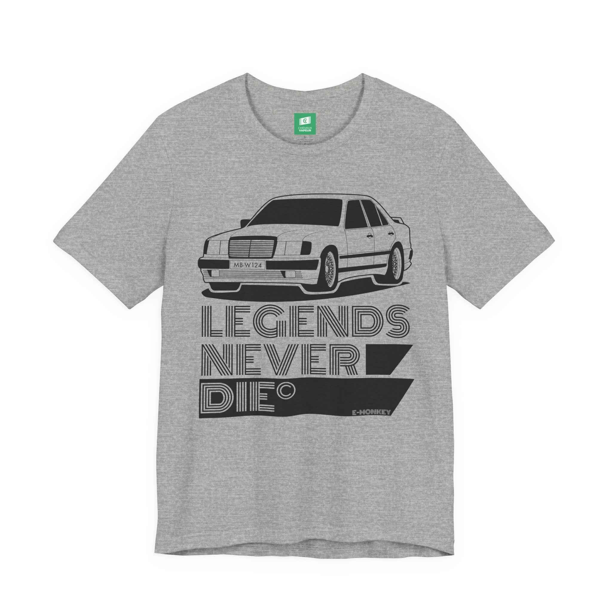 Mercedes W124 T-Shirt - Legends Never Die - Retro Benz E-Class Tee