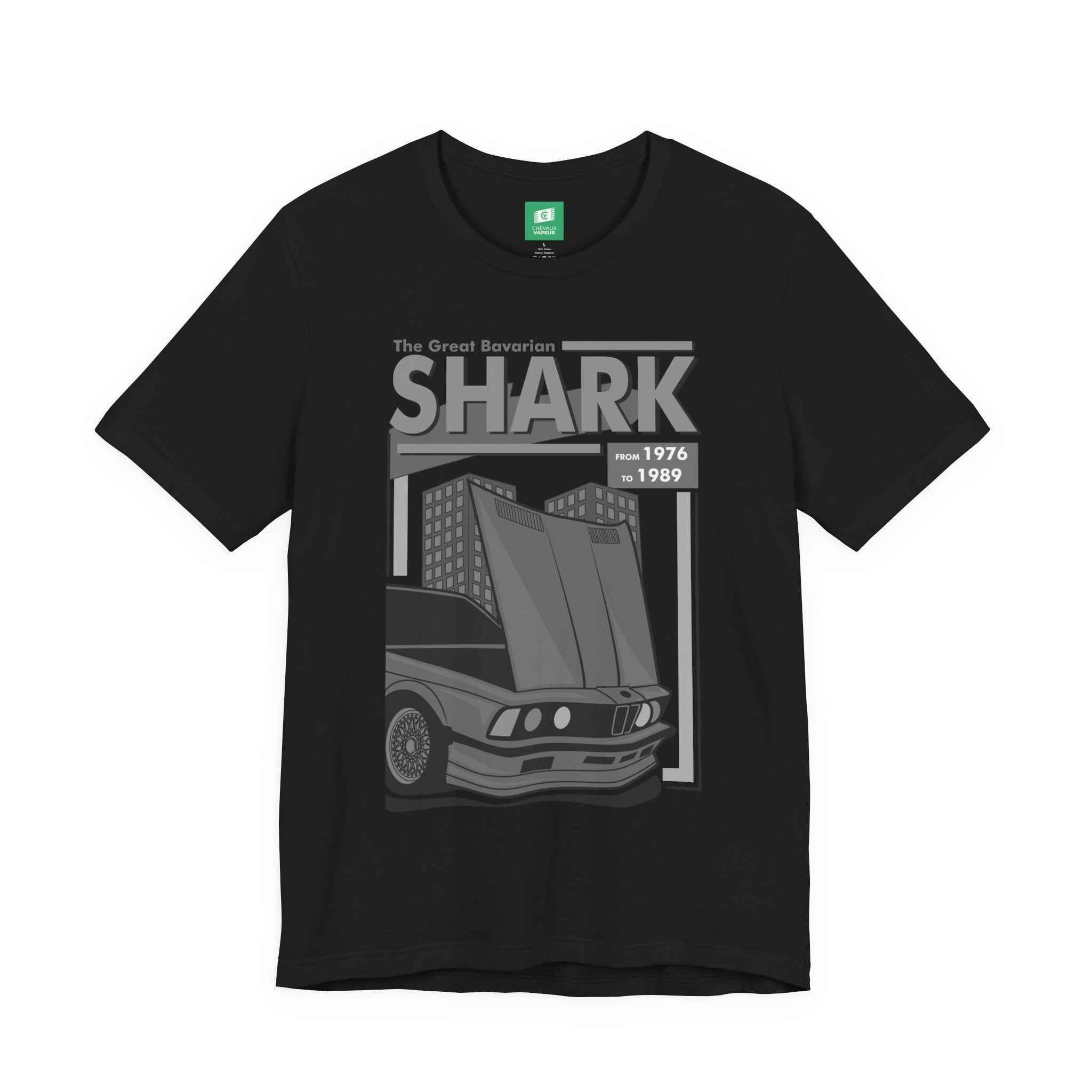 BMW E24 T-Shirt - The Great Bavarian Shark - Classic Sharknose 6 Series Retro Car Tee