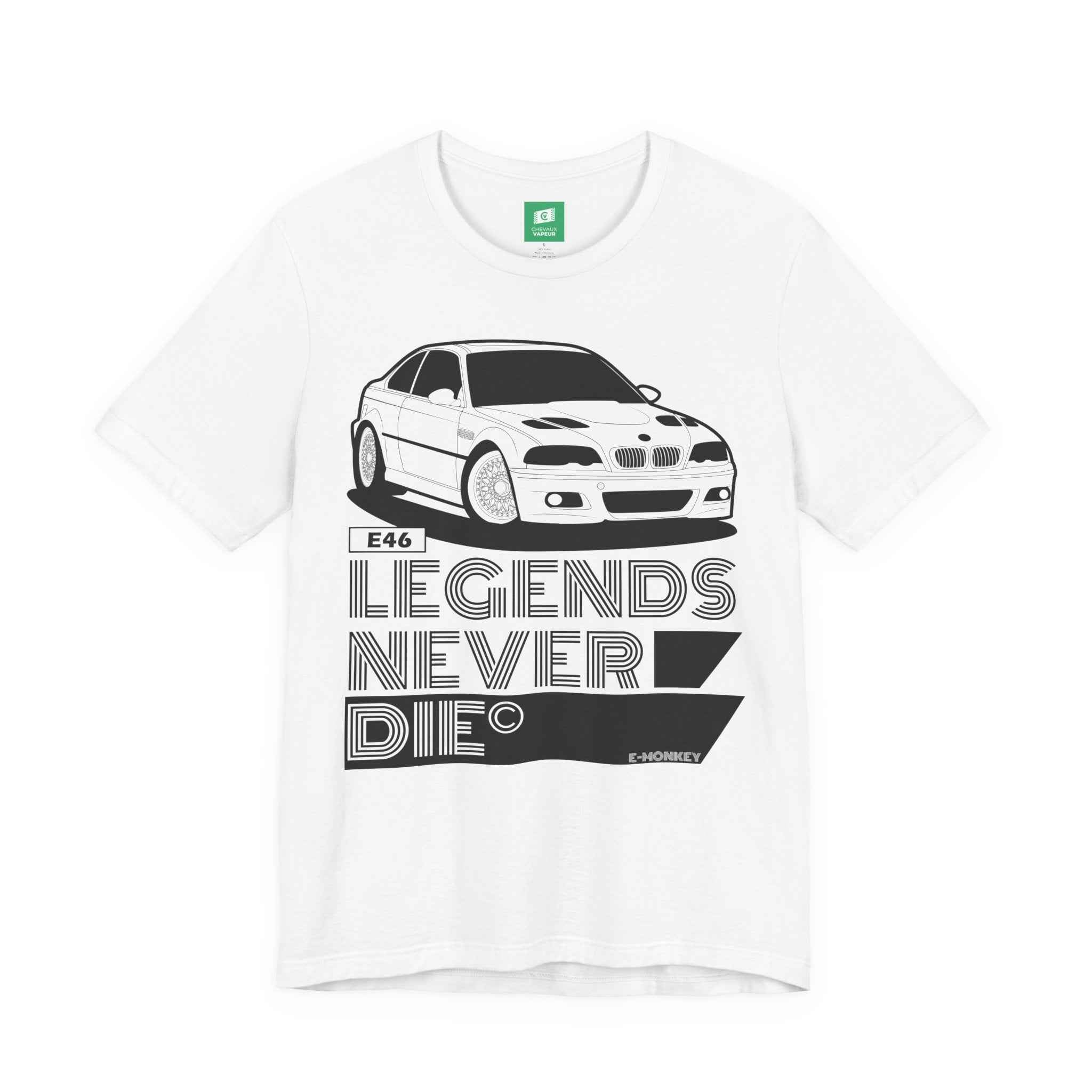 BMW E46 M3 T-Shirt - Legends Never Die - Classic Motorsport Retro Tee