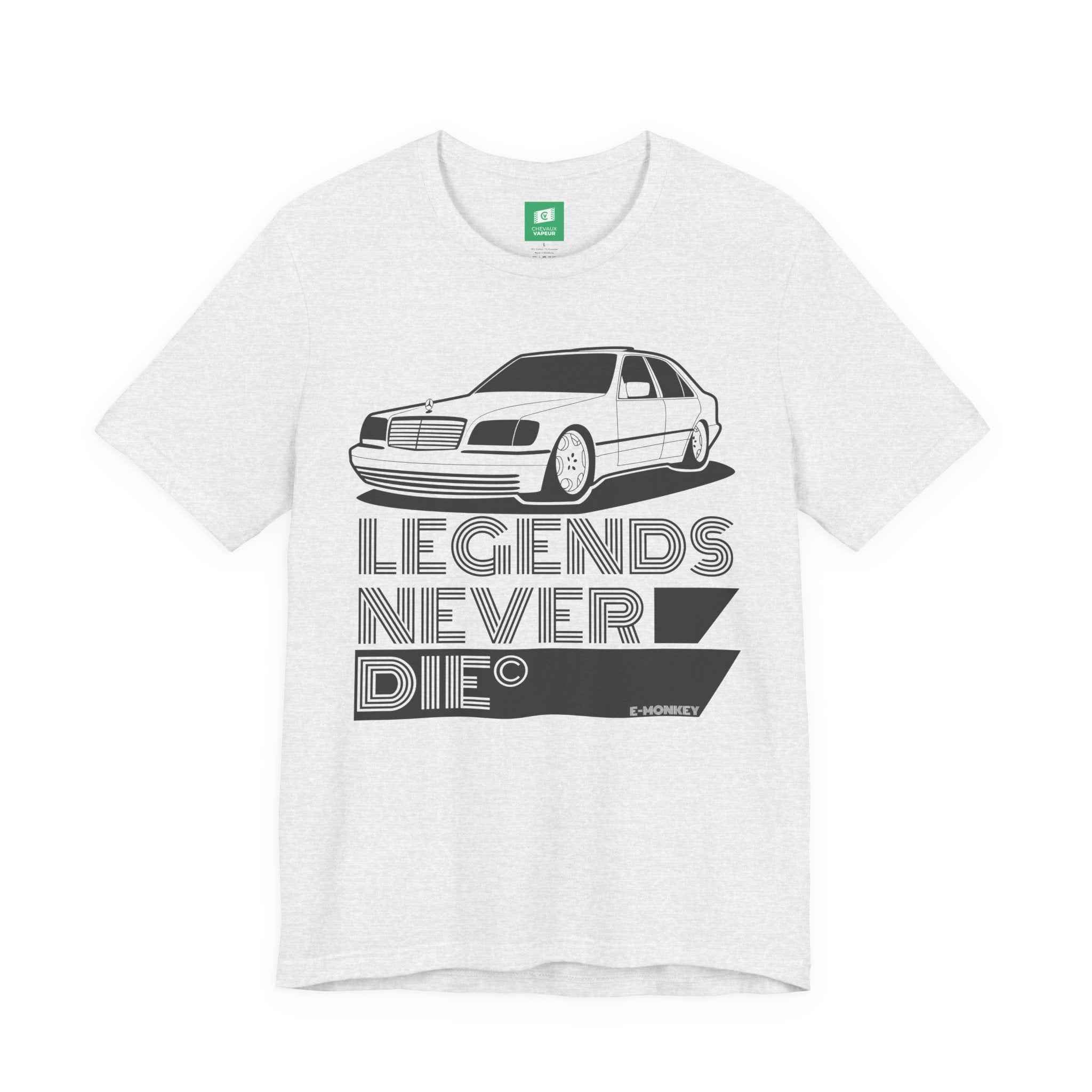 Mercedes W140 T-Shirt - Legends Never Die - Retro S-Class Benz Tee