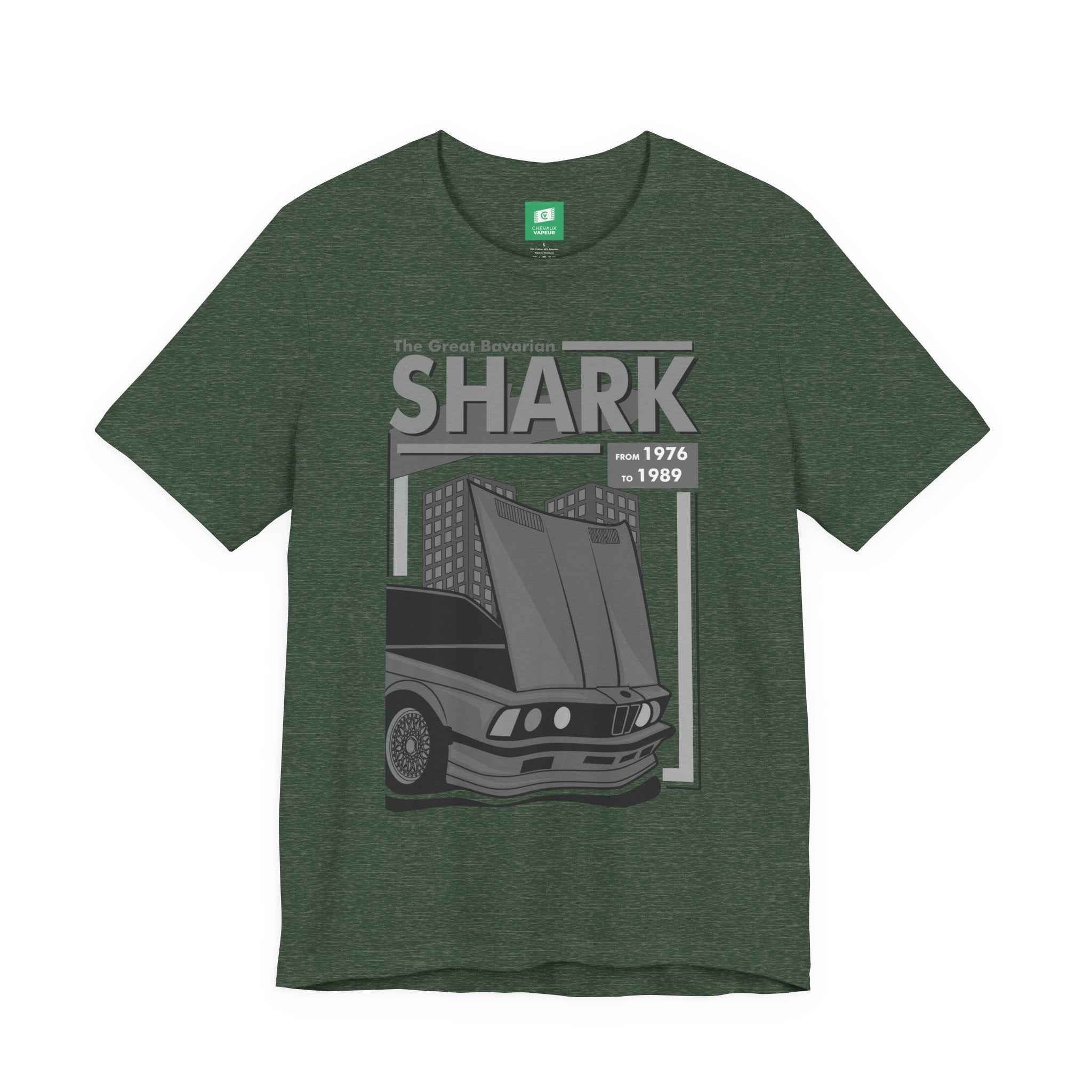 BMW E24 T-Shirt - The Great Bavarian Shark - Classic Sharknose 6 Series Retro Car Tee