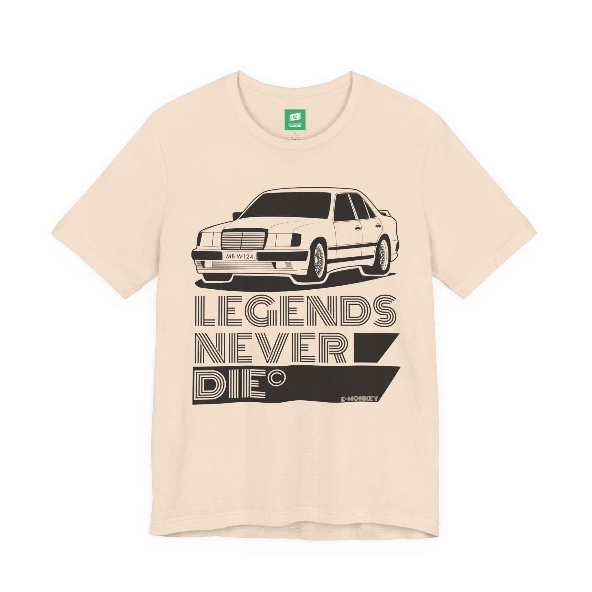 Mercedes W124 T-Shirt - Legends Never Die - Retro Benz E-Class Tee